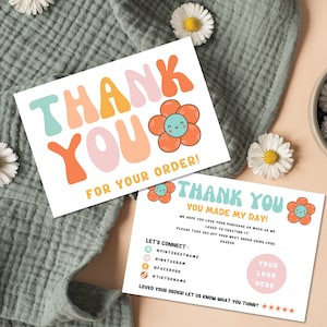 Editable Rainbow Cute Flower Small Business Thank You Card, Printable Retro Thanks For Your Purchase Card, 90s Y2k Business Order Thank You