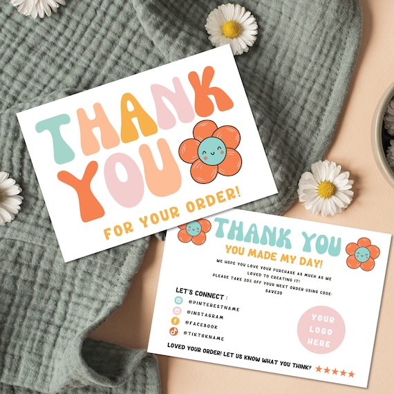 Editable Rainbow Cute Flower Small Business Thank You Card, Printable Retro Thanks For Your Purchase Card, 90s Y2k Business Order Thank You