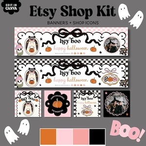 Könnte beinhalten: Ein Etsy-Shop-Kit mit Bannern und Shop-Icons für Halloween. Das Design enthält den Text "hey boo happy halloween" mit Kürbissen, Geistern und einer Farbpalette aus Orange, Rosa und Schwarz. Das Kit ist für die Bearbeitung in Canva konzipiert.