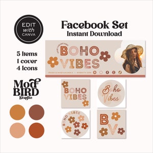 Boho Facebook Cover Template, Rainbow Facebook Banner, Facebook Icon, Daisy Facebook Business Cover Image, DIY Facebook Canva Template