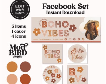 May include: A Facebook set with a boho theme, featuring a banner and icons. The design includes the text "BOHO VIBES" with floral accents in shades of brown and beige. The set includes 5 items, 1 cover, and 4 icons.