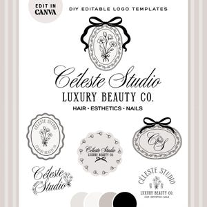 Könnte beinhalten: Eine Sammlung bearbeitbarer Logo-Vorlagen in Schwarz-Weiß mit Blumenillustrationen, Schleifen und dem Text Céleste Studio Luxury Beauty Co. Hair Esthetics Nails. Die Designs umfassen ovale und gewellte Rahmen mit verschiedenen Schriftarten.