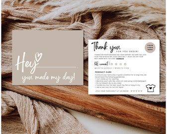 Boho Thank You Card Insert Template, T-shirt Care Card, Washing Instructions, Neutral Product Instructions, Garment Clothing Care, Canva