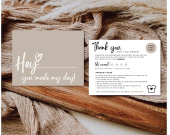 May include: A thank you card with a brown background and white text. The card says "Thank you for your order!" and includes instructions for product care. The card also includes a discount code and social media handles.