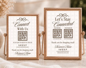 Connect With Us QR Code Sign Canva Template, Editable Social Media Sign, Neutral Coquette Small Business Display, Scan To Follow Sign - RUTH