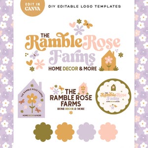 Puede incluir: Un conjunto de plantillas de logotipo editables con el texto The Ramble Rose Farms Home Decor & More. Los diseños incluyen ilustraciones de flores, mariposas, corazones y casas en tonos amarillo mostaza, rosa y lavanda.