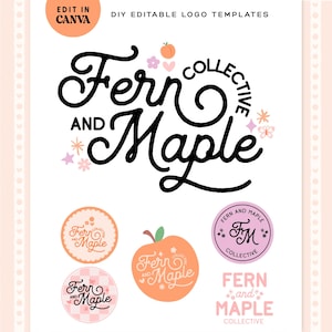 Könnte beinhalten: Ein digitales Grafikdesign-Blatt mit dem Text Fern and Maple Collective in schwarzer Schreibschrift. Das Layout enthält verschiedene kreisförmige Logo-Vorlagen, ein pfirsichförmiges Symbol und kleine dekorative Elemente wie Sterne und Blumen.