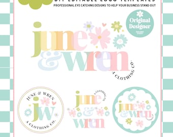 Retro Daisy Flower Logo Canva Template, Groovy 70's Modern Rainbow Logo, DIY Cute Colorful Premade Logo, Small Business Branding Kit - JUNE