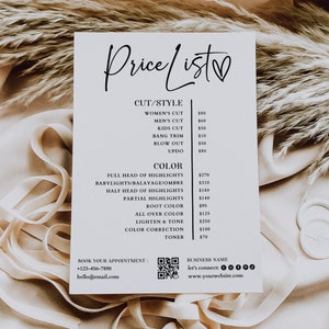 Small Business Price List Template, Editable Beauty Salon Price List, Printable Hair Salon Price List, Hair Stylist Price Sheet Template