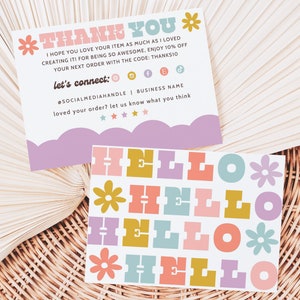 Retro Thank You Card Template, Editable Small Business 70s Groovy Thank You Card, Daisy Package Insert, Printable Rainbow Thank You, Canva