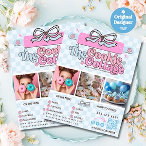 May include: Two flyers for "The Cookie Cottage" bakery, featuring a pink and blue design with the text "The Cookie Cottage" and "Where Every Batch Feels Like Home." The flyers showcase cakes, cupcakes, macarons, tarts, pies, and cookies.