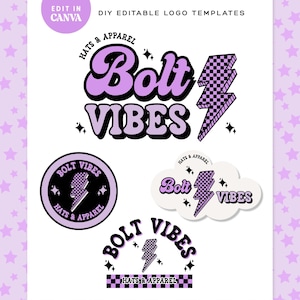 May include: A set of four editable logo templates featuring the text Bolt Vibes and Hats & Apparel. The designs incorporate purple and black checkerboard lightning bolts, star accents, and retro-style typography on white backgrounds.