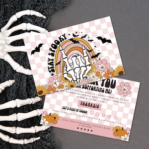 Editable Retro Groovy Halloween Business Thank You Card Canva Template, Gothic Rock On Small Business Thank You, Skeleton Package Insert
