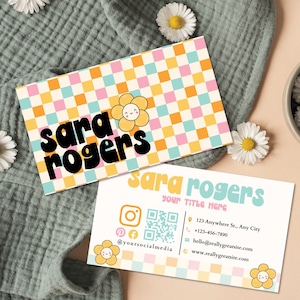 Printable Retro Daisy Business Card Design, Groovy Business Card Template, QR Code Business Card, Scannable Card, Editable Canva Template