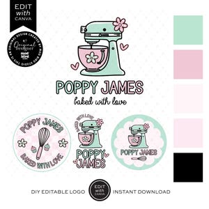 Editable Pastel Retro Bakery Logo Template Canva, Instant Download Baking Logo Brand Kit, Cute Bakers Logo Set, Cookie Logo, Cake Logo - JAN
