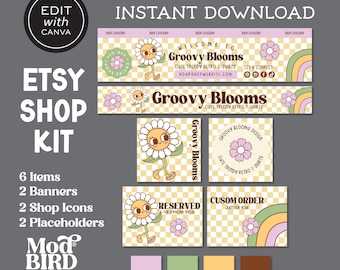 Editable DAISY Etsy Shop Banner, Retro Etsy Banner Canva Template With Image, DIY Groovy Etsy Branding Kit, Etsy Branding, Etsy Cover - NIA