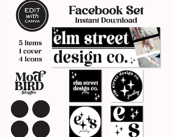 May include: Black and white Facebook cover and icon set for a jewelry business called "elm street design co." with a star motif. The set includes a cover photo, a logo, and four icons.