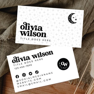 Business Card Template, Retro Business Cards, Chic Business Card, Celestial, Groovy, Editable Business Card, Printable Business Cards-NINA
