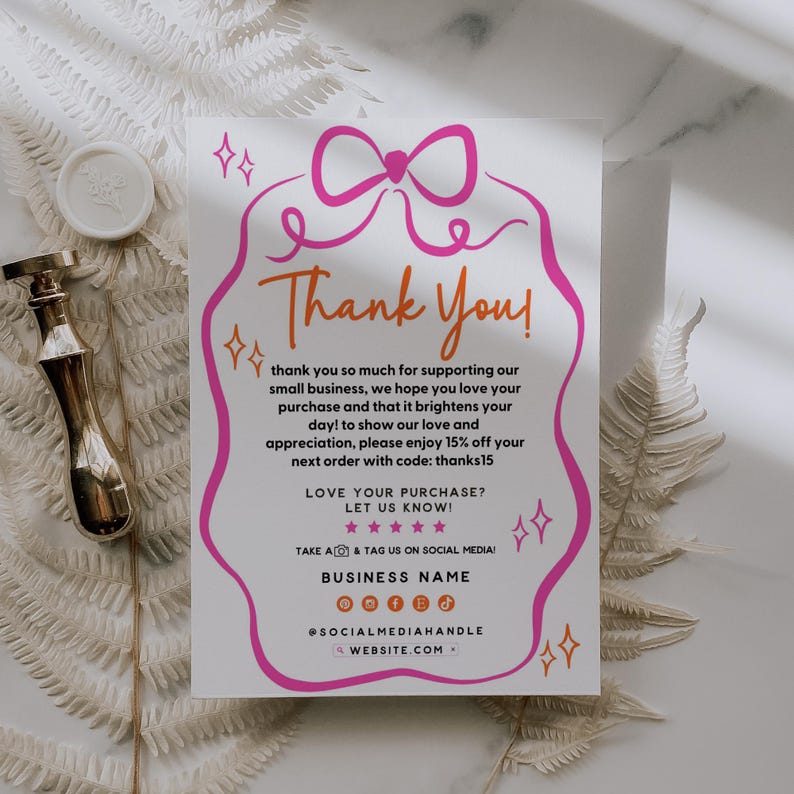 Bright Pink Coquette Bow Thank You Card Template Canva, Editable Small