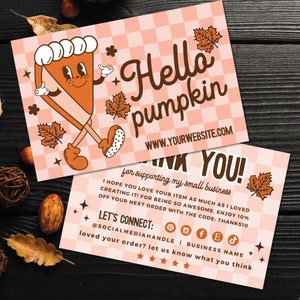 Retro Pumpkin Pie Thank You Card Template, Editable Autumn Business Thank You Card, Fall Leaves Package Insert Card, Customer Thank You Card