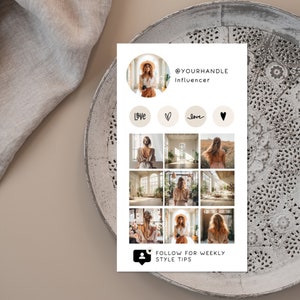 May include: A social media post with a white background and a round profile picture of a woman wearing a hat. The post includes a grid of nine photos of the woman in different outfits, along with the text "@yourhandle Influencer" and "Follow for weekly style tips".