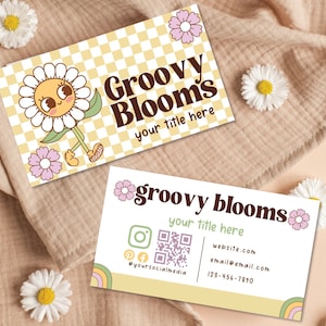 Retro Business Card Template, Printable GroovyFlower Business Card Design, QR Code Business Card, Scannable Card, Editable Template - NIA
