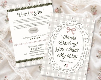 Editable Thank You Card Canva Template, Small Business Order Insert, Packaging Insert Card, Cottagecore Gingham Lace, Neutral Branding-ETTA