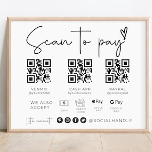 Printable Payment Sign, QR Code Sign Template, Scan to Pay Sign, Accepted Payments Sign, CashApp Paypal Sign Customizable QR Code