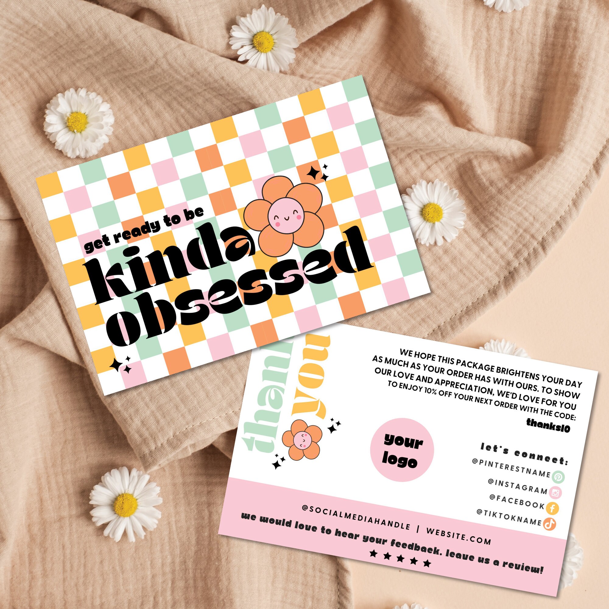 Retro Daisy Thank You Card Template Canva, Editable Small Business 70s ...