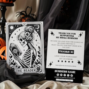Editable Skeleton Book Lovers Tarot Business Thank You Card Canva Template, DIY Printable Halloween Package Insert, Goth Thank You Postcard