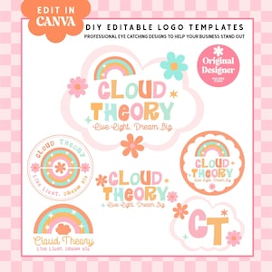 Op de afbeelding: Een verzameling doe-het-zelf bewerkbare logo-sjablonen met een pastelkleurenpalet. De ontwerpen bevatten regenbogen, wolken en bloemelementen. Tekst bevat "Cloud Theory" en "Live Light, Dream Big". De ontwerpen zijn bedoeld om bedrijven te helpen op te vallen.