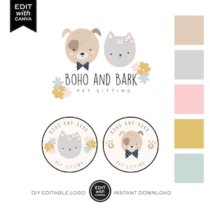 Pet Logo Design Canva Template, DIY Pet sitting Logo Template, DIY Trendy Pet Grooming Logo, Editable Premade Dog & Cat Logo Branding Kit