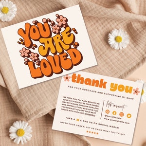 Retro Thank You Card Template, Editable Small Business 70s Groovy Thank You Card, DIY Package Insert, Printable Daisy Thank You, Canva