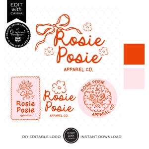Coquette Floral Business Logo Template Canva, Editable Trendy Bow and Daisies Aesthetic Logo Design, Logo Branding Kit, DIY Branding-SURI