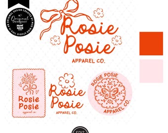 Coquette Floral Business Logo Template Canva, Editable Trendy Bow and Daisies Aesthetic Logo Design, Logo Branding Kit, DIY Branding-SURI
