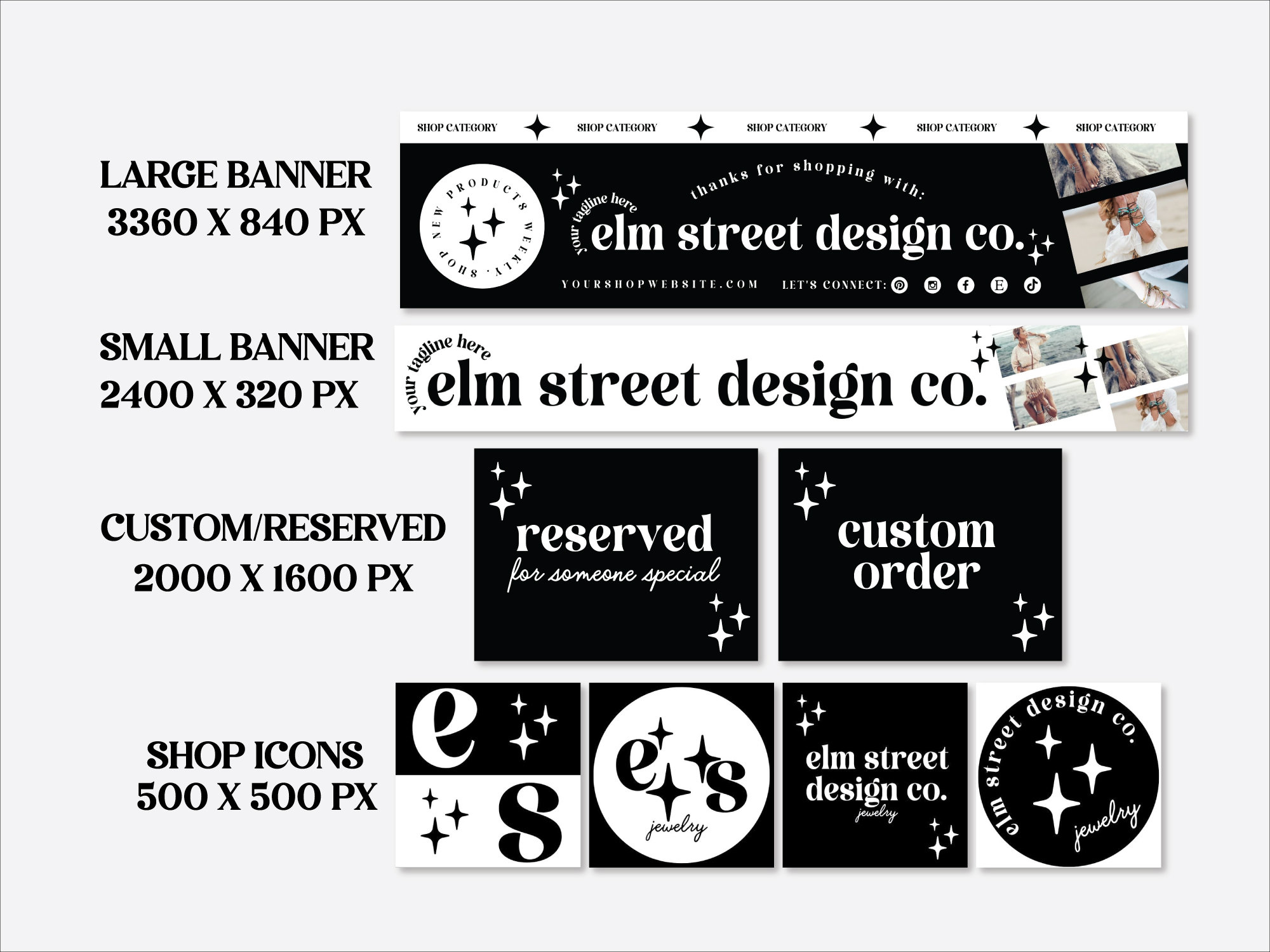 Custom Etsy Shop Kit Canva Template, Black and White Etsy Shop Banner ...