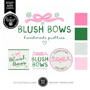 Coquette Pink Bow Business Logo Template Canva, Editable Trendy Aesthetic Logo Design, Preppy Green Logo Branding Kit, DIY Branding - PREP