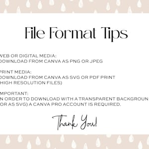 May include: A white informational card with black text titled File Format Tips. It provides instructions for downloading files from Canva for web or digital media as PNG or JPEG, print media as SVG or PDF, and notes a Canva Pro account is required.