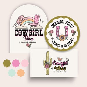 May include: Three stickers featuring the text Cowgirl Vibes T-Shirts & Apparel. One arch-shaped sticker shows a pink cowboy hat, rainbow, and boot. A circular olive green sticker displays a pink horseshoe and flowers. A rectangular sticker shows a cactus.