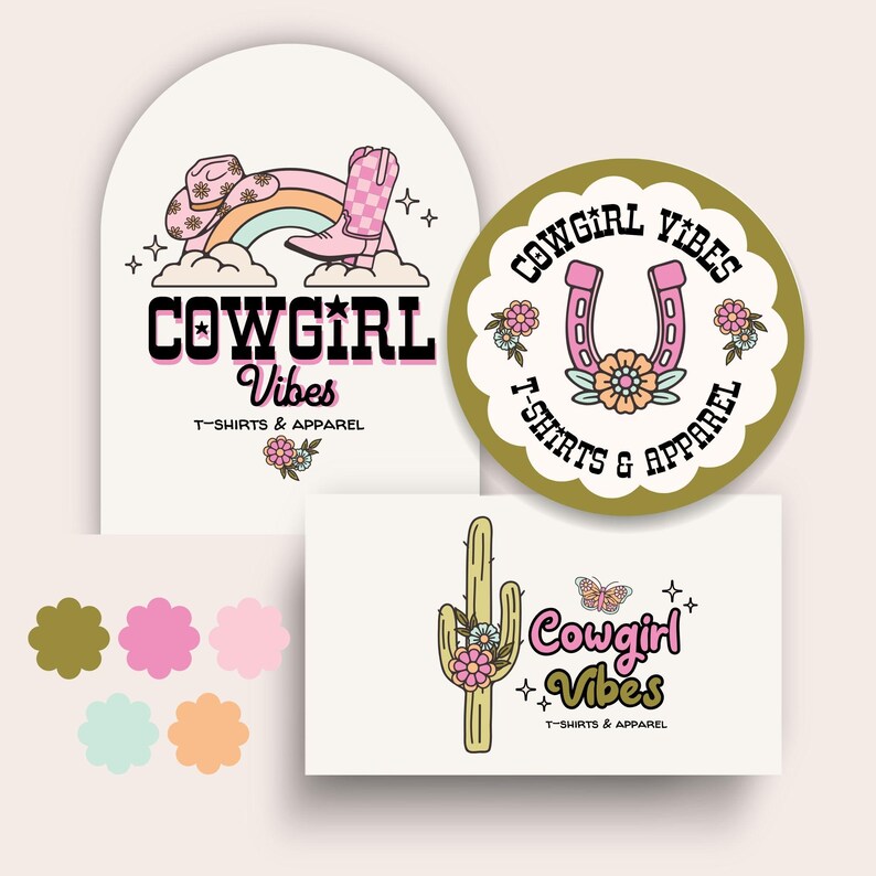 May include: Three stickers featuring the text Cowgirl Vibes T-Shirts & Apparel. One arch-shaped sticker shows a pink cowboy hat, rainbow, and boot. A circular olive green sticker displays a pink horseshoe and flowers. A rectangular sticker shows a cactus.