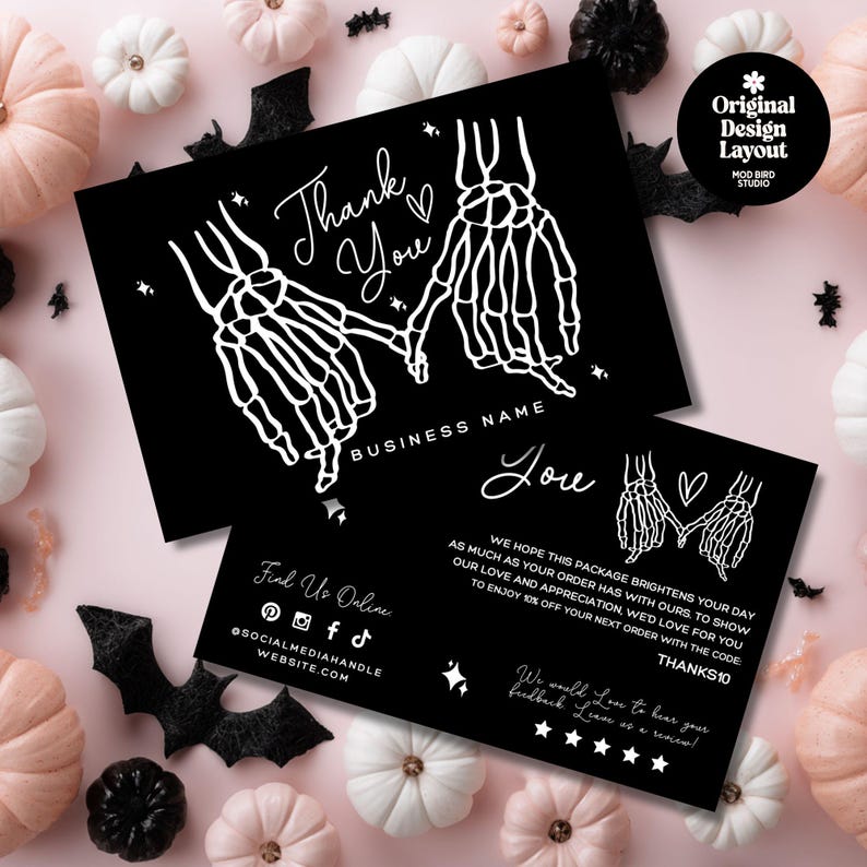 Editable Gothic Halloween Thank You Card, Skeleton Hands Business ...