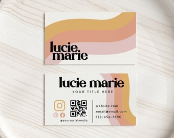 Retro Rainbow Business Card Template, Printable Business Card Design, QR Code Business Card, Scannable Card, Editable Canva Template