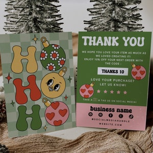 Groovy Holiday Business Thank You Card Canva Template, Printable Christmas Thanks For Your Purchase Card, DIY Package Insert Retro Christmas