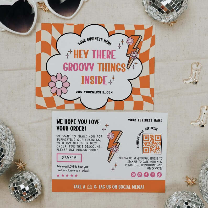 Retro Groovy Thank You Card Template Canva, Editable Small Business 70s ...