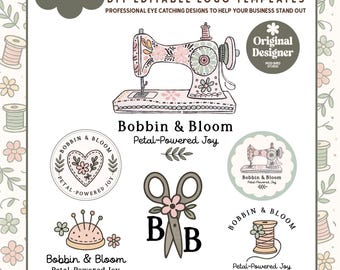 Editable Sewing Logo Template, DIY Canva Logo for Crafters, Handmade Shop Logo, Floral Sewing Logo Design, Seamstress Branding Kit - RAE