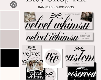 Pode incluir: Kit de loja Etsy com banners e ícones de loja. O design apresenta o texto "velvet whimsy" em uma fonte cursiva, juntamente com gráficos "custom" e "reserved". A paleta de cores inclui preto, branco e cinza claro.