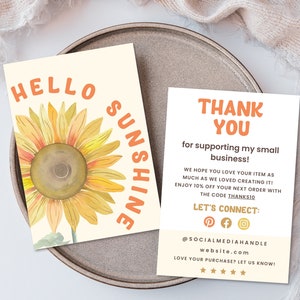 Editable Sunflower Business Thank You Card, Printable Retro Thanks For Your Purchase Card, Boho Sunshine Customer Thank You Template