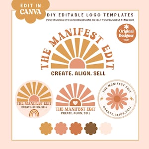 May include: A design showcasing "THE MANIFEST EDIT" in a retro style, with sunburst and flower motifs. The text "CREATE. ALIGN. SELL" and "DIY EDITABLE LOGO TEMPLATES" are also present. The colour scheme features peach, brown, and cream tones.