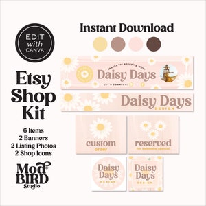 Editable Daisy Etsy Shop Banner, Retro Etsy Banner Canva Template With Image, DIY Groovy Etsy Branding Kit, Etsy Branding, Retro Etsy Cover