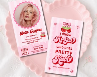 Beauty Salon Business Card Template Canva, Coquette Pink Strawberry Bow QR Code Card, Feminine Retro Branding - CHERI